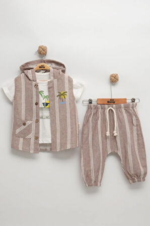 Erkek Bebek Çizgili Yelekli 3'lü Takım Seti (9-12-18-24 Ay) %100 Pamuk