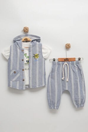 Erkek Bebek Çizgili Yelekli 3'lü Takım Seti (9-12-18-24 Ay) %100 Pamuk