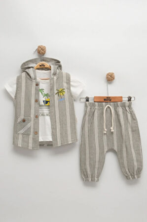 Erkek Bebek Çizgili Yelekli 3'lü Takım Seti (9-12-18-24 Ay) %100 Pamuk