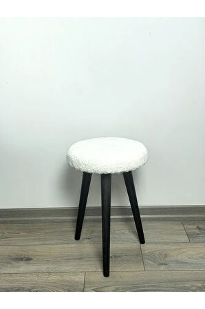 Gürgen Ahşap Retro Ayak Dekoratif Beyaz Pelüş Puf Tabure Bench Koltuk Sandalye