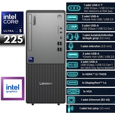 LENOVO NEO 50T THINKCENTRE ULTRA 5-225 64-GBDDR5 4 TBSSD Intel Graphics Windows 11 Pro Masaüstü Bilgisayar 13BD007UTRHMF33