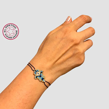 Uretti - Buket 8636 - El İşi Miyuki Boncuk İşlemeli Hamsa Bileklik 23cm - Mavi