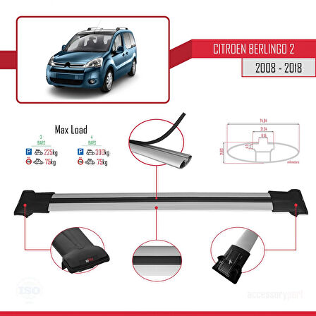 Citroen Berlingo 2 (B9) 2008-2018 Arası ile Uyumlu FLY Model Ara Atkı Tavan Barı Gri 3 Adet