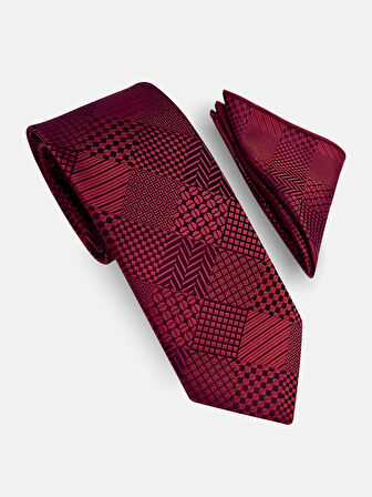 Desenli Bordo Kravat & Mendil