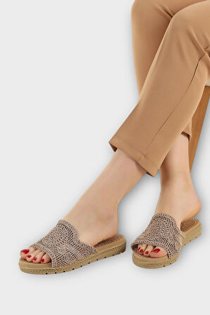 Kadın Örgülü Günlük Rahat Terlik VİZON