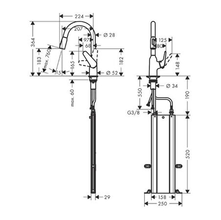 Hansgrohe Focus M42 Tek Kollu Eviye Bataryası 180, Çekilebilir El Duşu, 2jet, Sbox - 71821000