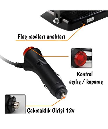 Carub 12 Ledli Çakar Vantuzlu Çakmaklık Girişli 12 Ledli Kırmızı-mavi 10 Modlu Profesyonel Çakar