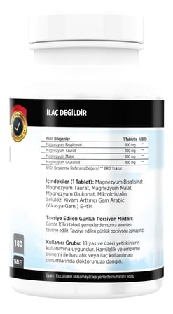 180 Tablet Magnesium Elementleri 400 Mg Magnezyum Bisglisinat Malat Taurat Glukonat