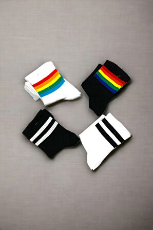 Unisex 4 Çift Çizgili Kolej Çorap