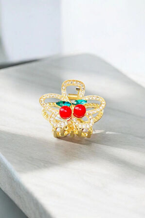 Kadın Gold Zirkon Taşlı Kiraz Detaylı Metal Toka ( 4,5 Cm )
