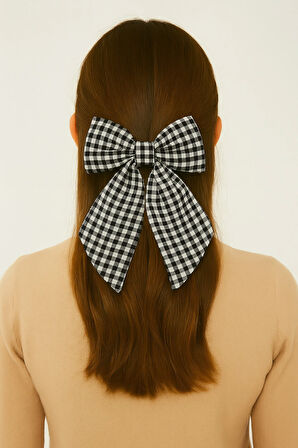 Kadın Müslin Kumaş Ekose Desenli Otomatik Mekanizmalı Fiyonk Toka 12x16 cm Saç Aksesuarı