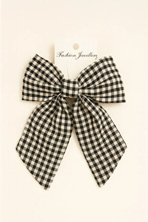 Kadın Müslin Kumaş Ekose Desenli Otomatik Mekanizmalı Fiyonk Toka 12x16 cm Saç Aksesuarı