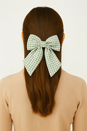 Kadın Müslin Kumaş Ekose Desenli Otomatik Mekanizmalı Fiyonk Toka 12x16 cm Saç Aksesuarı