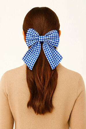 Kadın Müslin Kumaş Ekose Desenli Otomatik Mekanizmalı Fiyonk Toka 12x16 cm Saç Aksesuarı