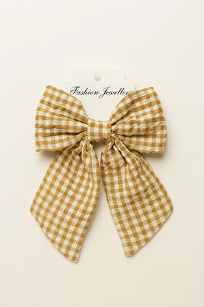 Kadın Müslin Kumaş Ekose Desenli Otomatik Mekanizmalı Fiyonk Toka 12x16 cm Saç Aksesuarı