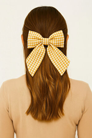 Kadın Müslin Kumaş Ekose Desenli Otomatik Mekanizmalı Fiyonk Toka 12x16 cm Saç Aksesuarı