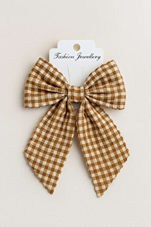 Kadın Müslin Kumaş Ekose Desenli Otomatik Mekanizmalı Fiyonk Toka 12x16 cm Saç Aksesuarı