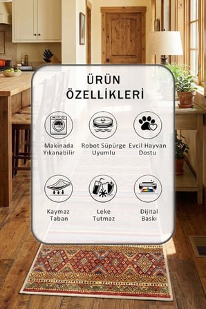Bej Yıkanabilir Kaymaz Taban Dijital Baskılı Mutfak Halısı