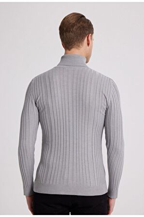 Slim Fit Gri Fitilli Pamuk Karışımlı Boğazlı Triko Kazak 5HF06ORT63100