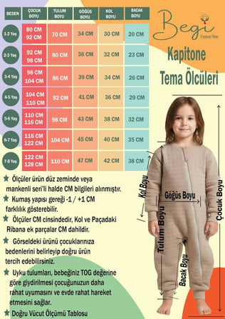Begi Kadife Kumaş Uzun Kollu Çocuk Uyku Tulumu %100 Pamuk Kumaş 1.5 TOG