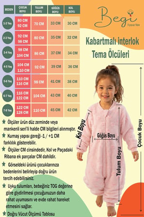 Begi Kadife Kumaş Uzun Kollu Çocuk Uyku Tulumu %100 Pamuk Kumaş 1.5 TOG