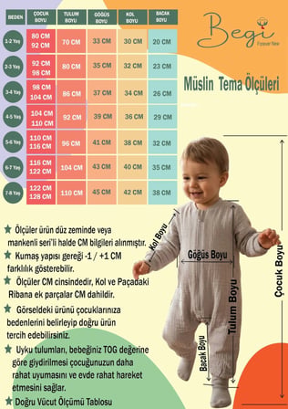 Begi Müslin Kumaş Uzun Kollu Çocuk Uyku Tulumu 1.0 TOG %100 Pamuk