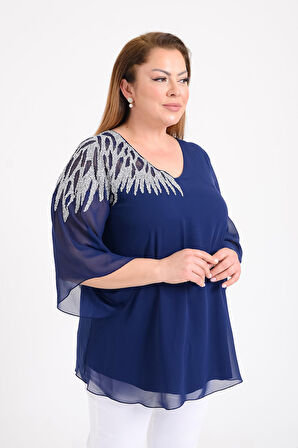 Lilas XXL Kadın Büyük Beden Şifon V Yaka Abiye Bluz 0719 Lacivert