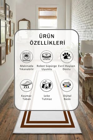 Çerçeve Beyaz Kahve Modern Dijital Baskı Yıkanabilir Kaymaz Yolluk Halı Beyaz Kahve