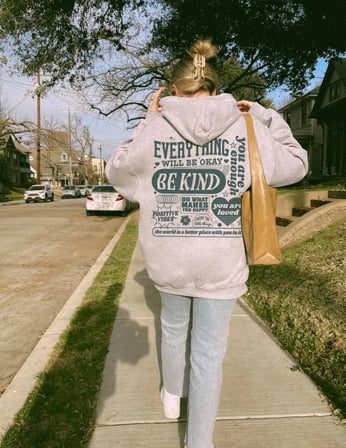 Her Şey Tamam Olacak Yeşil Kalp Çizim Tasarım Kadın Giyim Trendy Yeni Kapşonlu Rahat Cep Spor
