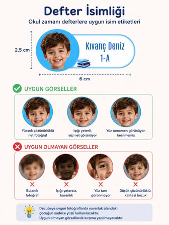 Pamuğum Atelier Kişiye Özel Fotoğraflı İsimli Okul Etiketi 48 Adet