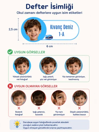 Pamuğum Atelier Kişiye Özel Fotoğraflı İsimli Okul Etiketi 48 Adet