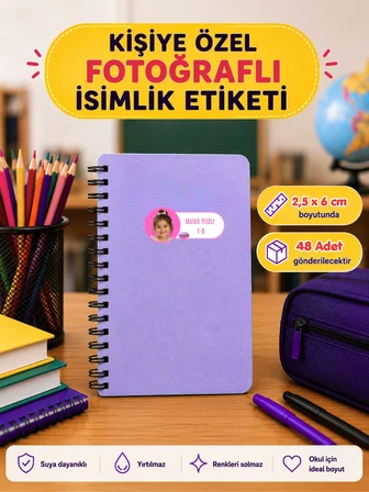 Pamuğum Atelier Kişiye Özel Fotoğraflı İsimli Okul Etiketi 48 Adet