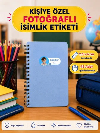 Pamuğum Atelier Kişiye Özel Fotoğraflı İsimli Okul Etiketi 48 Adet