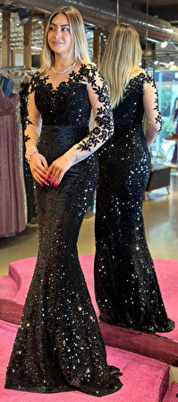 Siyah Uzun Kollu Balık Etekli Kadife Payetli Uzun Abiye Elbise 7192