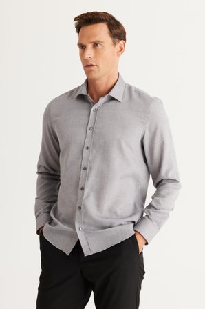 Erkek Gri Slim Fit Dar Kesim Klasik Yaka Pamuklu Armürlü Gömlek