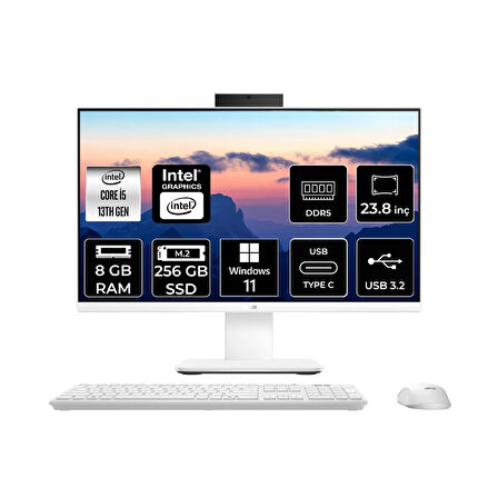 Asus V440 Intel Core i5 13420H 8GB 256GB SSD 23.8" FHD W11H All in One Bilgisayar Beyaz & USB Bellek