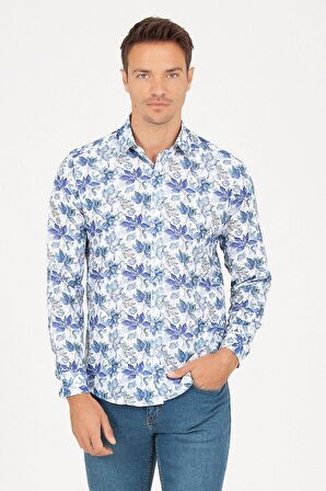 Slim Fit Mavi Baskılı Spor Gömlek | S