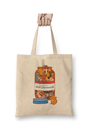 Anti depresan Kedi Beyaz Bez Çanta Uzun Saplı Alışveriş Çantası Plaj Çantası