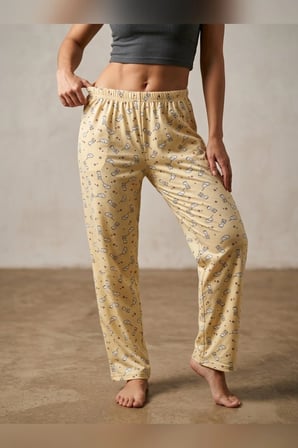 Büyük Beden Tek Alt Pijama Yumuşak Milan Kumaş İpli Bel Sarı Bulut Baskılı Loungewear Pantolon