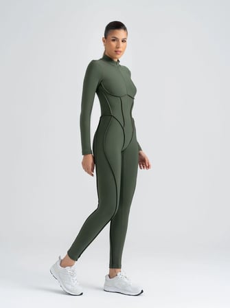 Haki Yeşil Dikişle Modellenmiş Spor Tayt Tulum