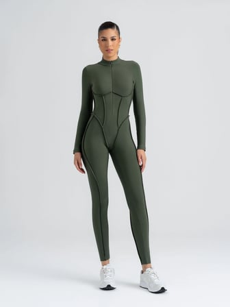 Haki Yeşil Dikişle Modellenmiş Spor Tayt Tulum