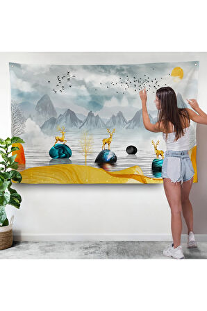 3d Modern Tasarım Altın Geyikler Duvar Örtüsü-7196