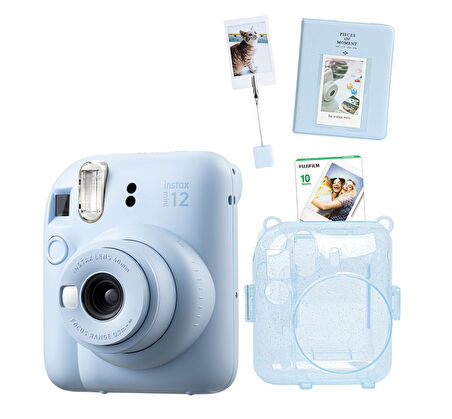 Fujifilm Instax Mini 12 10 Filmli Kıskaçlı Stand-PVC Albüm ve Simli Pleksi Kılıflı Mavi Fotoğraf Mak