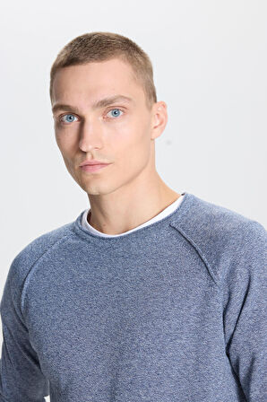 Erkek İndigo-Ekru Recycle Standart Fit Normal Kesim Bisiklet Yaka Pamuklu Muline Desenli Triko Kazak