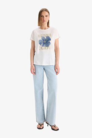 DeFacto Bisiklet Yaka Çiçekli Kısa Kollu Tişört F5100AX25SMER105