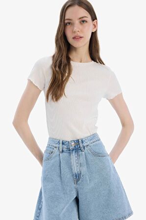 Fitted Bisiklet Yaka Basic Düz Fitilli Kaşkorse Kısa Kollu Tişört
