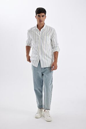 DeFacto Regular Fit Polo Yaka Çizgili Oxford Uzun Kollu Gömlek D3500AX24AUBE281