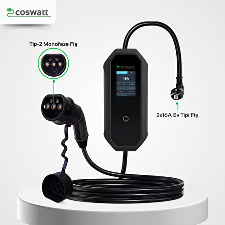 Coswatt Elektrikli Araba Taşınabilir Şarj Cihazı 3.5 kW / 16A / Tip-2 / Ev Tipi Schuko Fiş / Monofaze / 5m / Çantalı