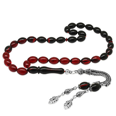 925 Ayar Gümüş Çift Püsküllü Arpa Kesim Süzme Kırmızı Ateş Kehribar Tesbih