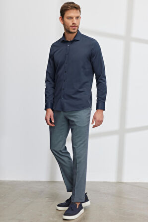 Erkek Lacivert Slim Fit Dar Kesim Italyan Yaka Armürlü Gömlek
